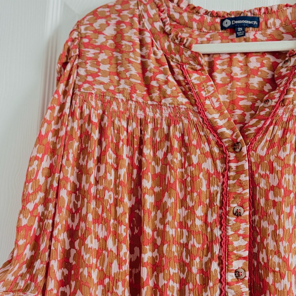 Democracy Orange Patterned Blouse 2x - image 6